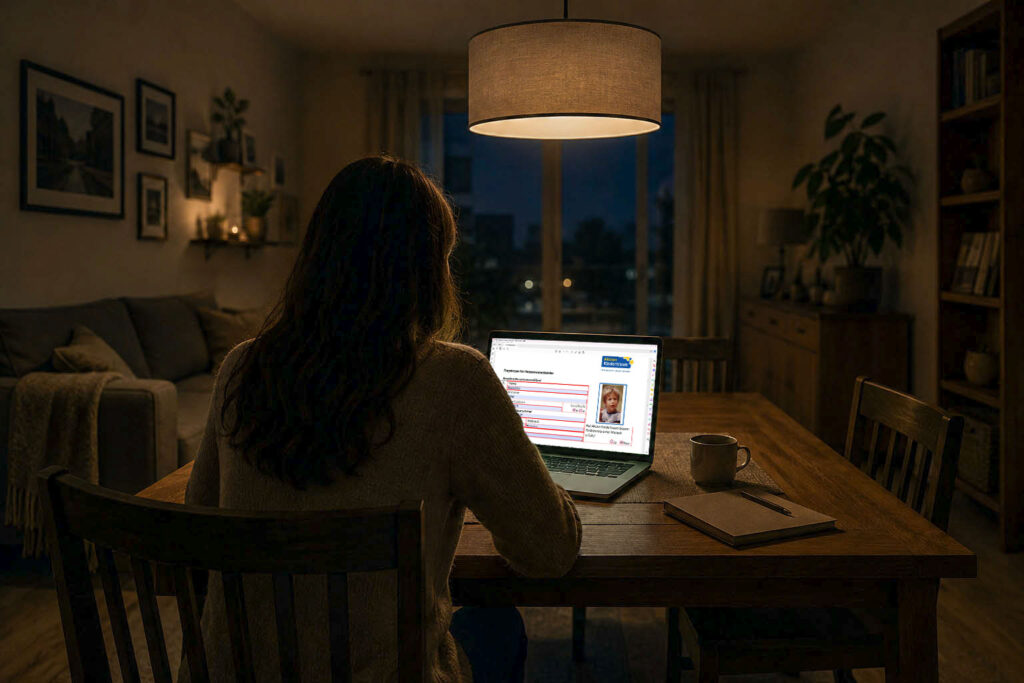 Eine Mutter füllt am Laptop den Wunschfragebogen für ihr Kind aus.