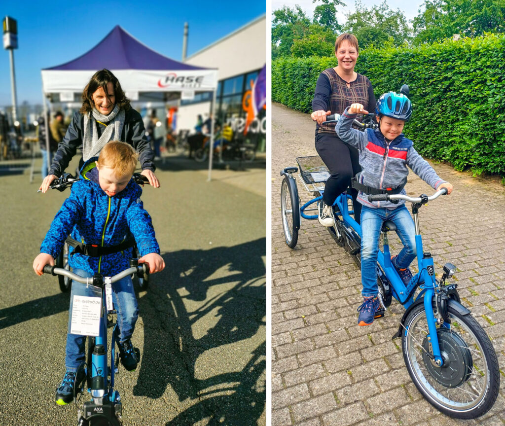 Links: Thies probiert ein Tandem bei der Mobilitätsmesse. Rechts: Thieß sitzt freudig mit seiner Mutter auf seinem neuen Tandem.