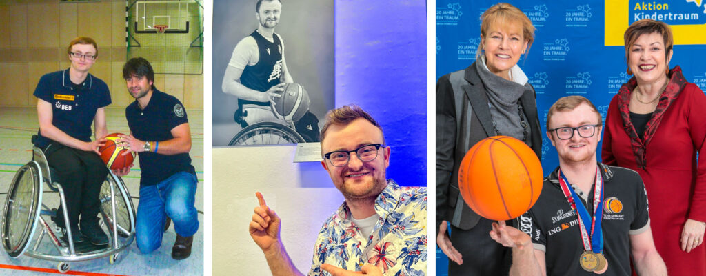 Jan erhält 2010 seinen Sportrollstuhl von Aktion Kindertraum-Botschafter Nicolas Kiefer. | Vor seinem Porträt bei der Ausstellungseröffnung in Kassel. | Gemeinsam mit Dr. h. c. Edelgard Bulmahn, damalige Schirmherrin von Aktion Kindertraum im Jubiläumsjahr 2018, und Ute Friese.