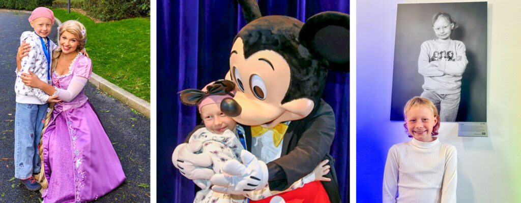 Lilly während ihrer Wunscherfüllung im Disneyland Paris. Damals trug sie noch ein Kopftuch. | Heute zeigt sich Lilly selbstbewusst mit offenem Haar – so auch bei der Ausstellungseröffnung in Kassel.