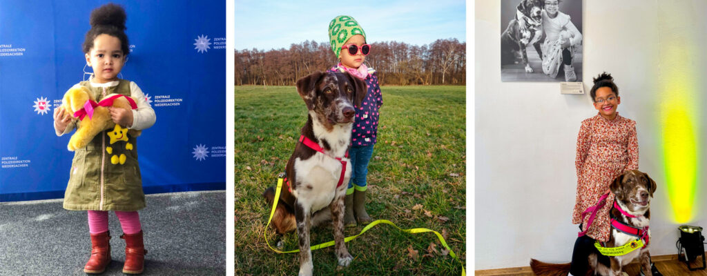
Mathea erhält zunächst symbolisch einen Stoffhund, nachdem feststeht, dass ihr Wunsch nach einem Assistenzhund erfüllt werden kann. | Im Jahr 2020 kommt Lucky endlich in die Familie. | Mathea und Lucky bei der Ausstellungseröffnung in Kassel.